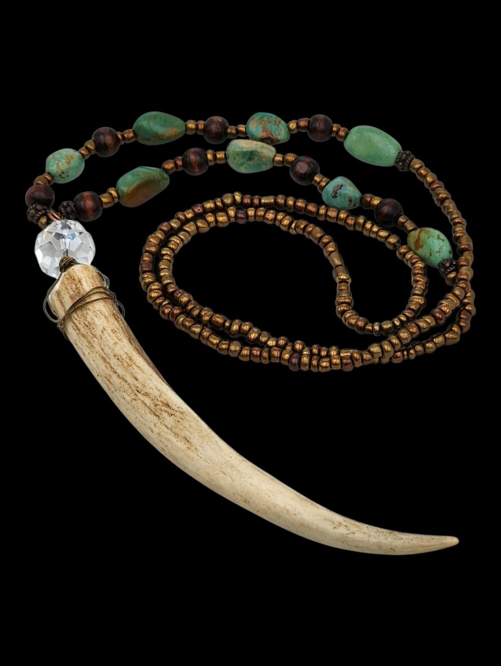 Native American Inspired Stone Beads with Antler/Tusk Pendant Necklace 30" Mala